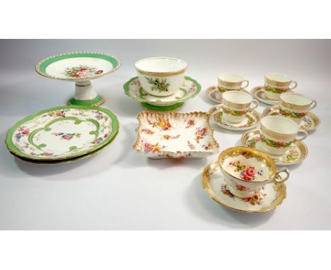A group of antique floral tea ware including Hammersley cups and saucer, Victorian comport etc.