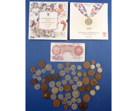 A Royal Mint BU Commonwealth Games £2 coin 1986 in sleeve plus Bank of England 10 shillings L K O'Brien banknote and various 