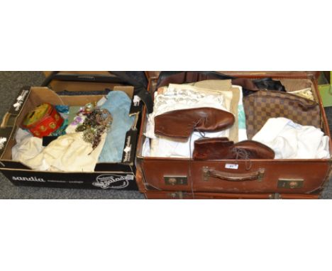 Textiles - linen, lace, silk throws;  etc ; vintage suitcase, another (3)