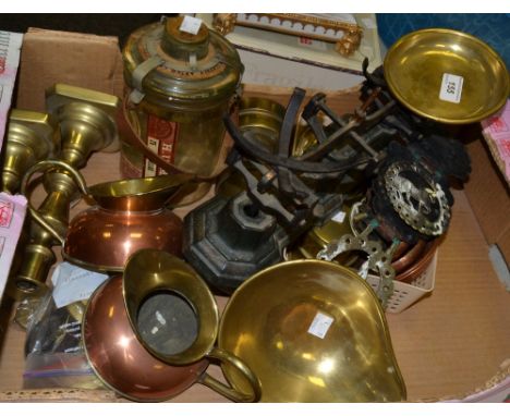 Brassware - Fairbanks, Birmingham - a set of scales;  a miner's lamp;  a pair of brass ejector candlesticks;  weights;  horse