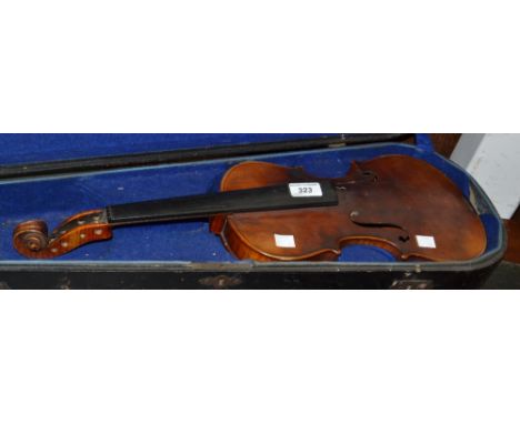 An early 20th century violin, two piece back, label Stradivarius, cased 