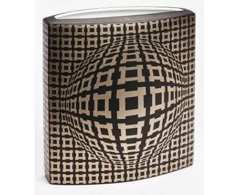 Vase "Vega", Op Art,Rosenthal studio linie wohl um 1980. Expl. 231/ 300. Entw.: Victor Vasarely. Leicht gebauchter, aufrechte