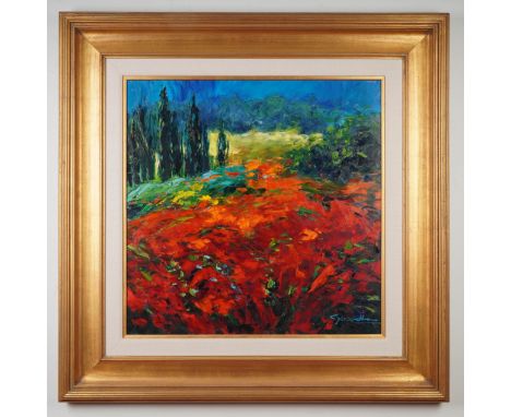 A vibrant original oil on canvas featuring a dramatic field of red poppies against a vivid blue sky and deep green cypress tr