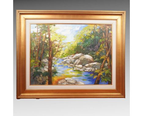 Gorgeous Post-impressionist oil painting on canvas depicting a luminous forest scene with a flowing stream weaving through su