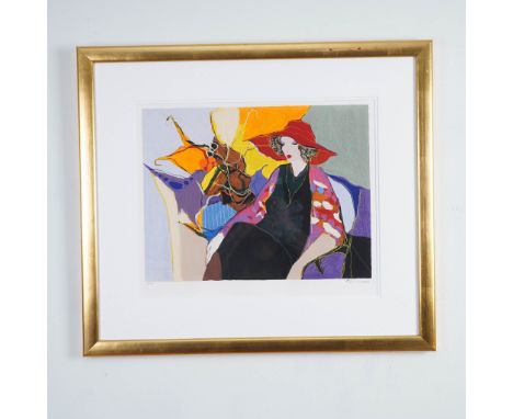 This signed and numbered limited edition silkscreen by Itzchak Tarkay, titled Lilac Time, captures his signature elegant, con