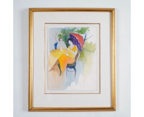 This original watercolor painting by renowned Israeli artist Itzchak Tarkay showcases his signature elegant and contemplative