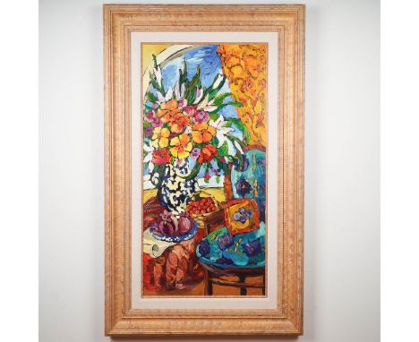 Bold and expressive post-impressionist oil painting on canvas, featuring a lavish bouquet in a patterned vase set within a vi
