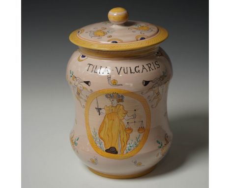 Hand-painted Italian maiolica lidded jug marked L'Antica Deruta, featuring the inscription Tilia Vulgaris and adorned with cl