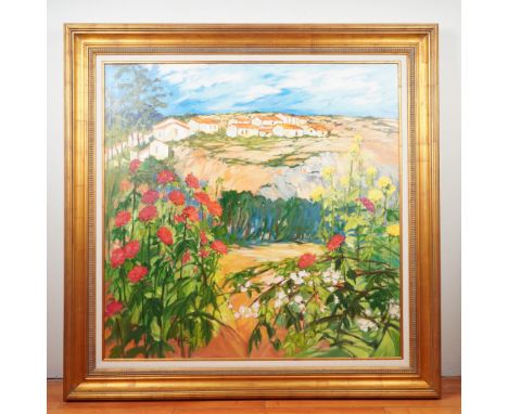 Vibrant oil on canvas painting by artist Mayte Camara, capturing a sweeping Mediterranean landscape with a hillside village i