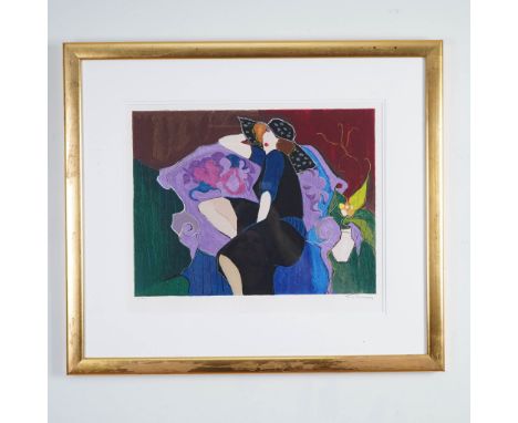 This signed and numbered limited edition serigraph by Itzchak Tarkay showcases his signature elegant and contemplative female