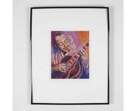 Vibrant lithograph depicting jazz legend Django Reinhardt, featuring bold hues of blue, orange, and red that capture the ener