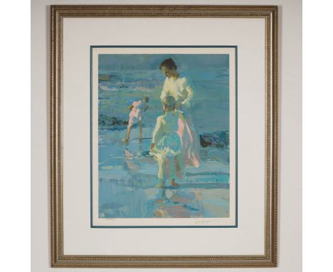 Limited edition artist proof serigraph on paper by American impressionist Don Hatfield, titled My Shadow. This tranquil beach
