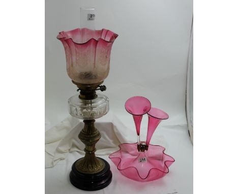 Victorian Oil Lamp with etched red glass shade, glass bowl & 2 branch red glass epergne (2)