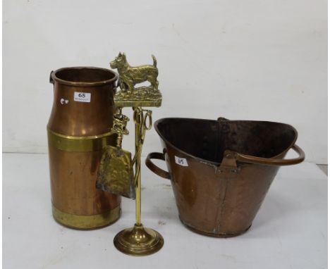 Copper Coal Scuttle, Copper stick stand with handle and brass companion set (3) 