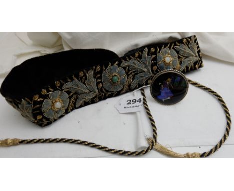 Silver Mounted Brooch – figure of a lady by a window, (made from butterfly wings) & decorative clothes belt inset with semi-p