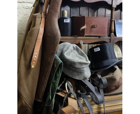 Old Leather Gun Case, horse bridle, leather satchel, Belstaff jacket, gents breeches, 4 hats (incl. 1 top hat) & a hip flask.