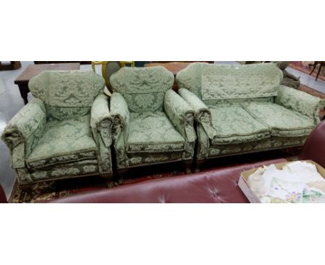 3 Piece Drawing Room Suite incl. a two seater sofa (55”w) and a pair of armchairs, the suite and feathered cushions covered w