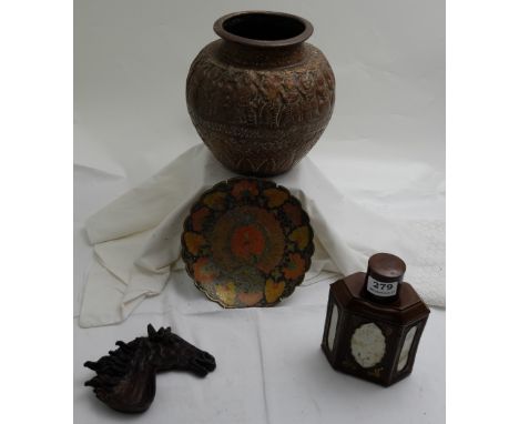 4 items – Nepalese Pot, modern Chinese flask, Persian dish, 19thC Thoroughbred mask (4)