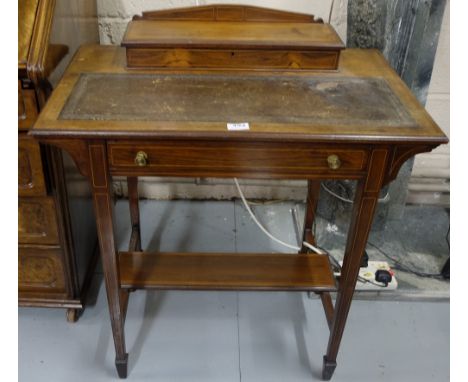 Edwardian Rosewood Writing Table, with worn leather top and gallery paper compartment, apron drawer, on tapered legs with str