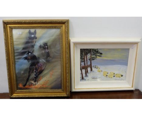 White framed acrylic painting of sheep in a snowy landscape, signed B O B & portrait studies of a brown horse, in a gold fram