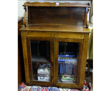 WMIV Rosewood Chiffonier with gallery shelf and scrolled supports, two glass doors enclosing a shelf, 45”h x 33”w