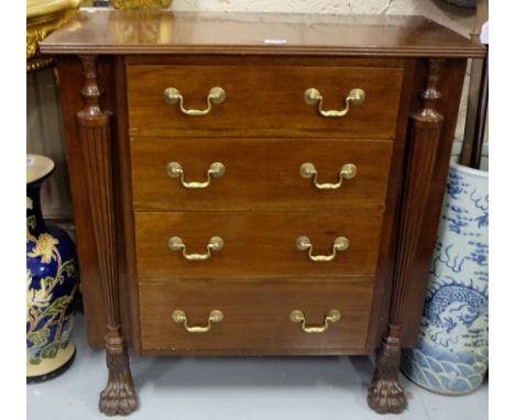 Compact mahogany chest of (4) drawers, with drop brass handles and ribbed side panels on 2 hairy paw front feet, 32"w x 33"h 