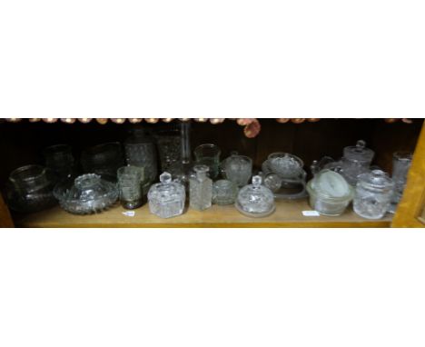 Collection cut glass and moulded glass items (shelf), ring holders, jam jars, bowls