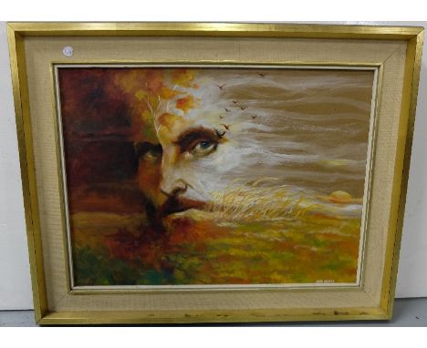 NUBAR APAKIAN, Australian artist, signed oil on board portrait of an Australian man's head in landscape, 16.5"x13"