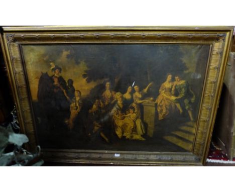 19thC Oil or Oleograph on Canvas, portrait of an extended Georgian family in a natural garden setting, in a moulded gilded fr
