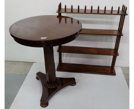 Mahogany Occasional Table with circular top (24” dia), on a pod base, 3 round feet & a 4 tier mahogany wall shelf (2)