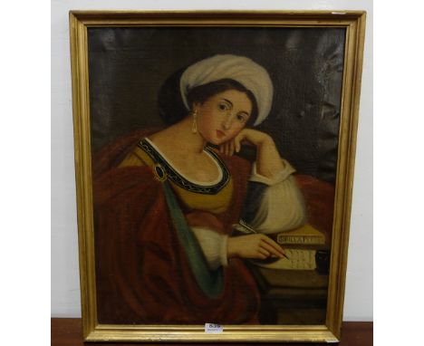 19thC Oil on Canvas, portrait of a female Persian scholar, wearing a red cloak, 27” x 22”, in a later gilt frame