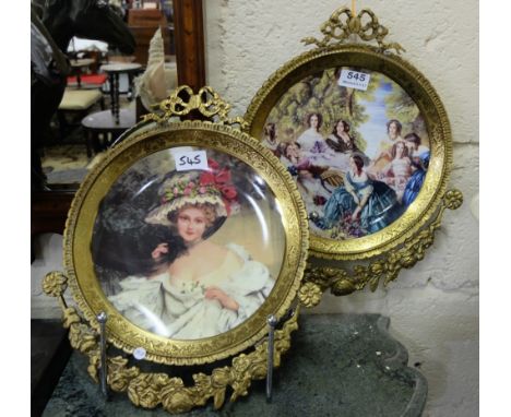 Pair of porcelain plates in ornate brass surrounds with swags - portrait of lady in white dress and group of Regency ladies i