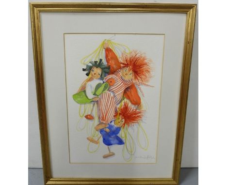 3 x acrylic paintings, one Pierrot on stairs, signed GONEALEZ, one clown playing violin, one dancing ragdolls, both signed by