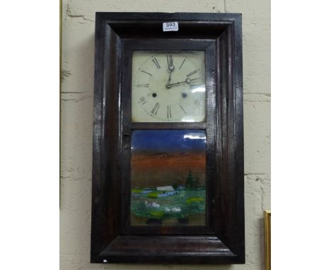 American Jerome Mantle Clock, rectangular case, the glass door painted with a landscape scene, not working