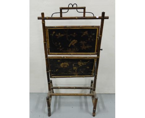 Victorian Bamboo Framed and Chinese Lacquered Covered Fire Screen with a folding shelf, 19”w x 40”h