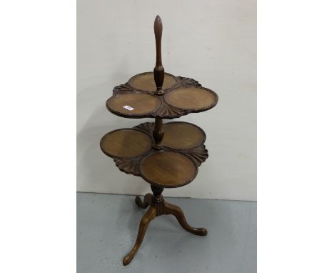 Mahogany Dumbwaiter, 2-tier, with circular compartments, on tripod base, 29”h