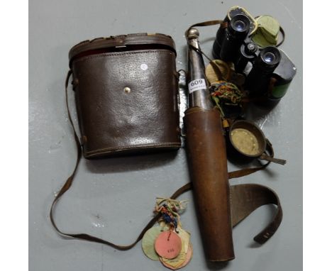 Columbia Binoculars in leather case (with 1960’s enclosure badges) & a plated cone shaped flask in original leather case (2)