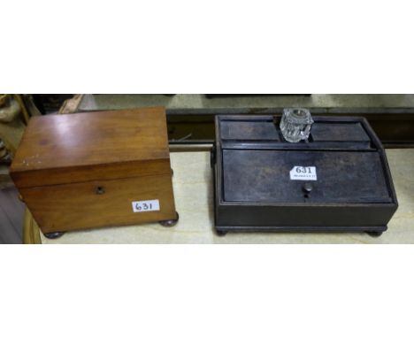 19thC Mahogany Writing Box on bun feet with slope front, 10” w & a mahogany tea caddy, rectangular top, 8”w (2)   