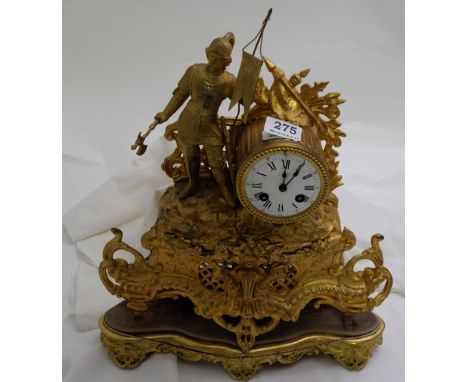 French 19thC Gilt Mantle Clock, mounted with a figure of Crusader, with a white dial stamped “Londonderry” (17”h x 14”w) (not