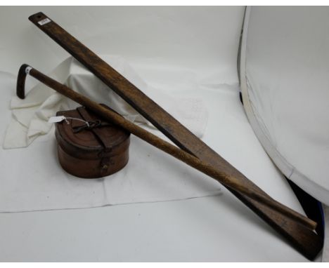 3ft wooden ruler, leather collar box & carved walking stick (3)