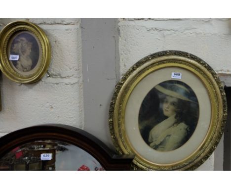 Two x 19thC Oval Lithograph Portraits of Lady’s (gold frames) & 2 prints – children on a cart, soldier & a moulded oak pictur
