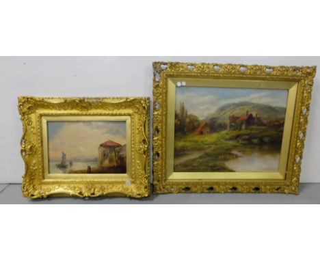 M BEDDARD signed oil on canvas of a Continental country landscape with 2 figures by a pond in a gilt frame and oil on board o