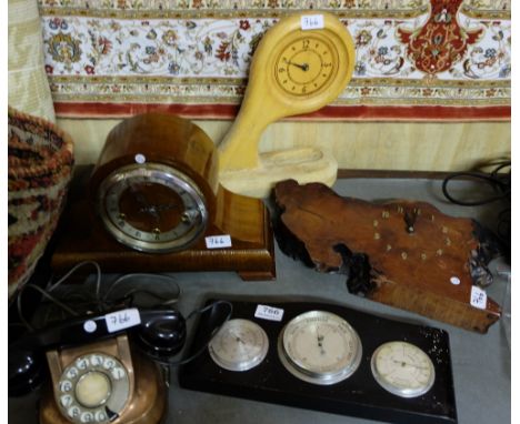 Vintage copper cased telephone, modern wall clock, Enfield mantle clock & 3 piece wall mounted barometer set – “thermo hydrom