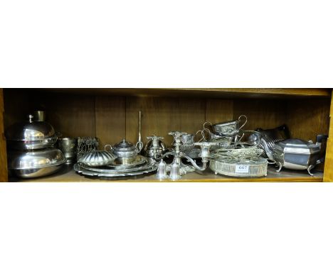 Shelf of Silver Plate Items – tea set, jugs, candelabra etc