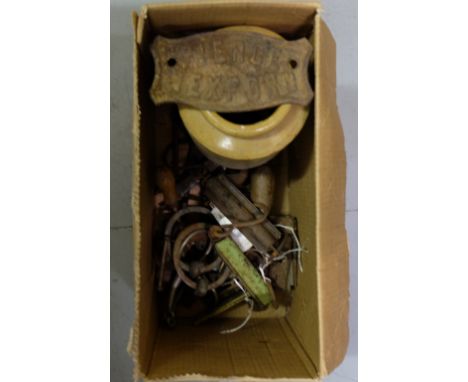 Box of metal items, old tools, Pierce Wexford plate and stoneware jar