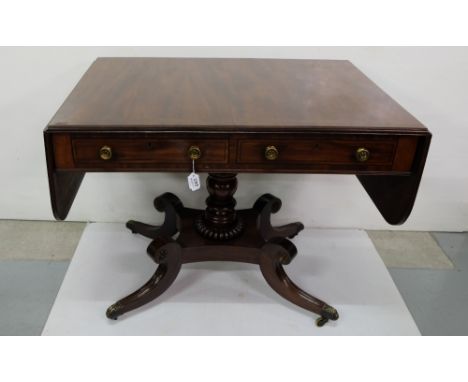 Regency Mahogany Sofa Table, the cross-banded top over two apron drawers to the front and two faux drawers to the back, the c