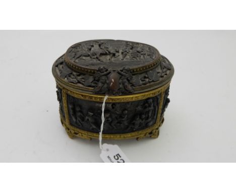 19thC French Spelter oval-shaped Caddy, with brass mounts and hinged lid, decorated in relief with tavern and country scenes,