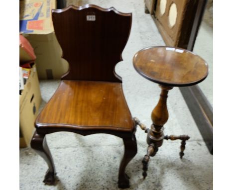 Mahogany Wine Table, circular top 13” dia, on a tripod base & Mahogany Hall Chair - shield back, on claw and ball feet (2)