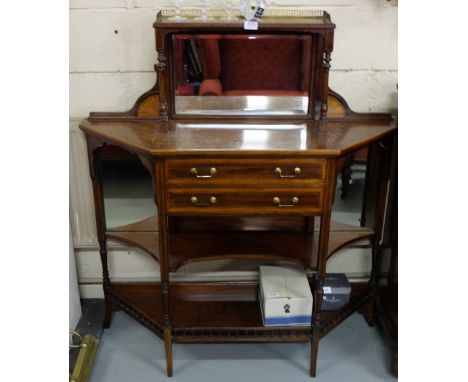 Edwardian Inlaid Mahogany Chiffioner with mirror back and gallery upper shelf, above 2 drawers and 2 stretcher shelves, by HE