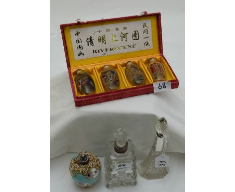 2 cut glass perfume bottles, porcelain perfume bottle and set of 4 modern Chinese scent bottles, in presentation case (7)